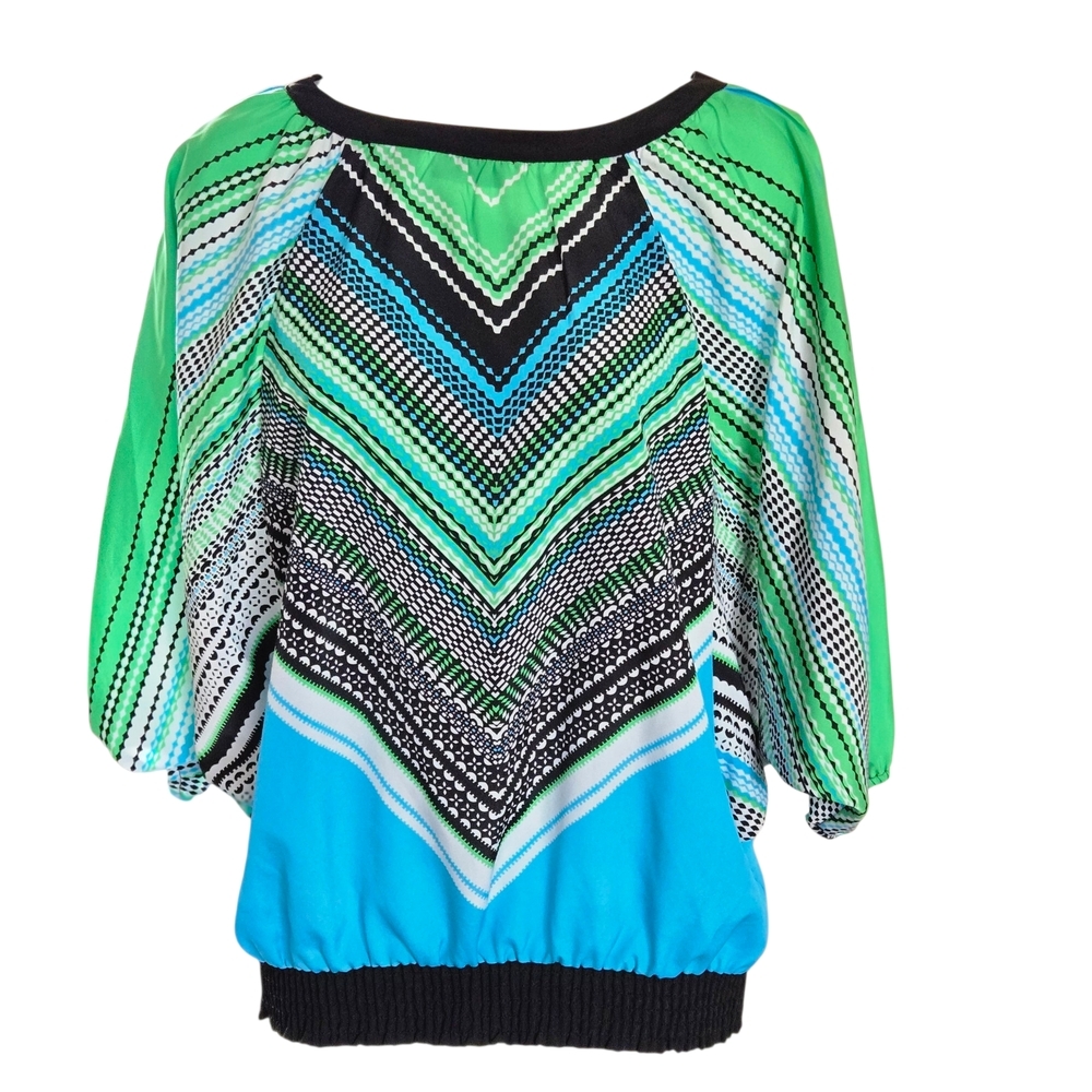 Womens Abstract‎ Geometric Print Dolman Sleeve Blouse Top Green Blue Black